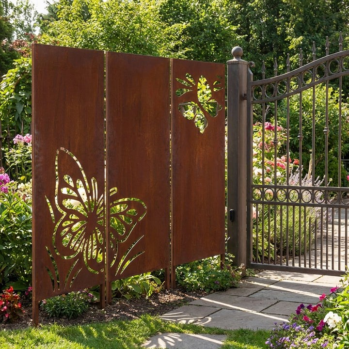 3er-Set Sichtschutz Gartenpaneel Metall – Motiv Schmetterlinge, 160 × 50 cm