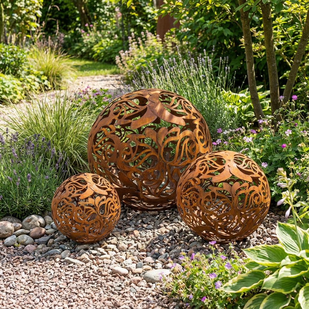 Gartenkugel "Rosenranke" – Rost-Deko aus Stahl mit Rosen-Ornament