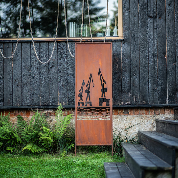 Sichtschutz Gartenpaneel Metall – Motiv Werft, 160 × 50 cm
