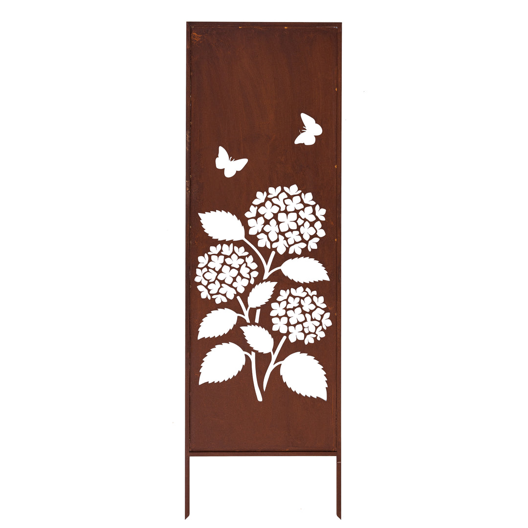Sichtschutz Gartenpaneel Metall – Motiv Hortensien mit Schmetterlingen, 160 × 50 cm