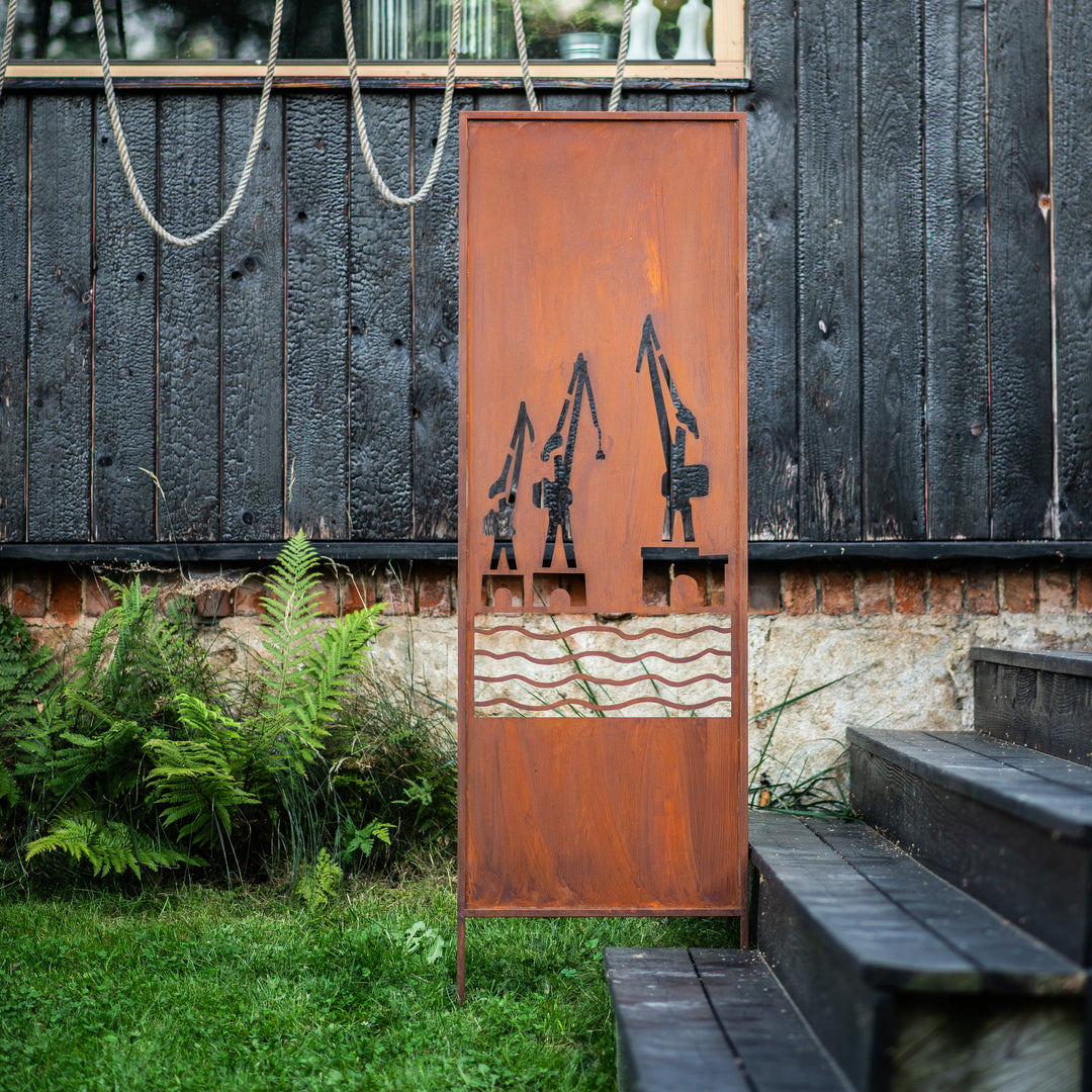 Sichtschutz Gartenpaneel Metall – Motiv Werft, 160 × 50 cm