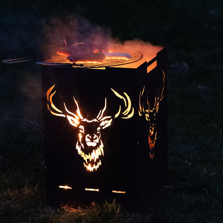 Feuerstelle aus Metall in Rostoptik mit Hirschmotiv, 2mm