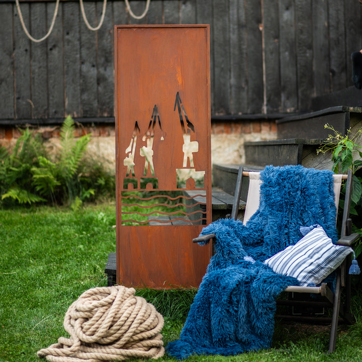 Sichtschutz Gartenpaneel Metall – Motiv Werft, 160 × 50 cm