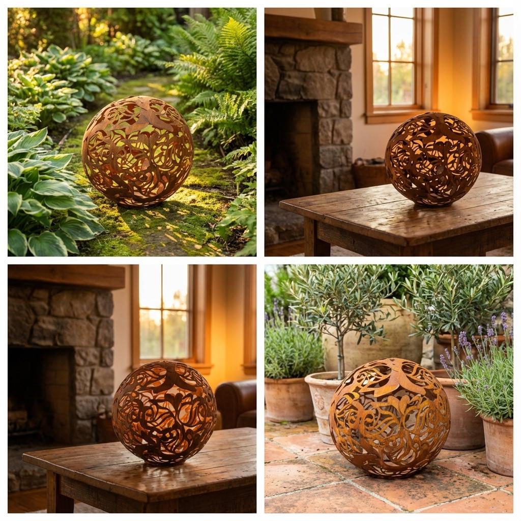 Gartenkugel "Rosenranke" – Rost-Deko aus Stahl mit Rosen-Ornament