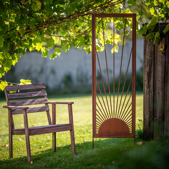 Sichtschutz Gartenpaneel Metall – Motiv Sonnenaufgang, 160 × 50 cm
