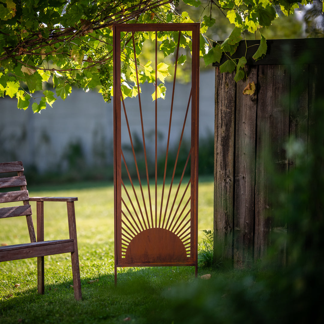 Sichtschutz Gartenpaneel Metall – Motiv Sonnenaufgang, 160 × 50 cm