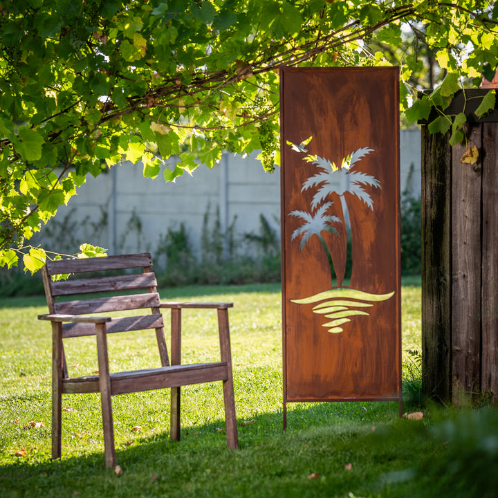 Sichtschutz Gartenpaneel Metall – Motiv Tropische Insel, 160 × 50 cm