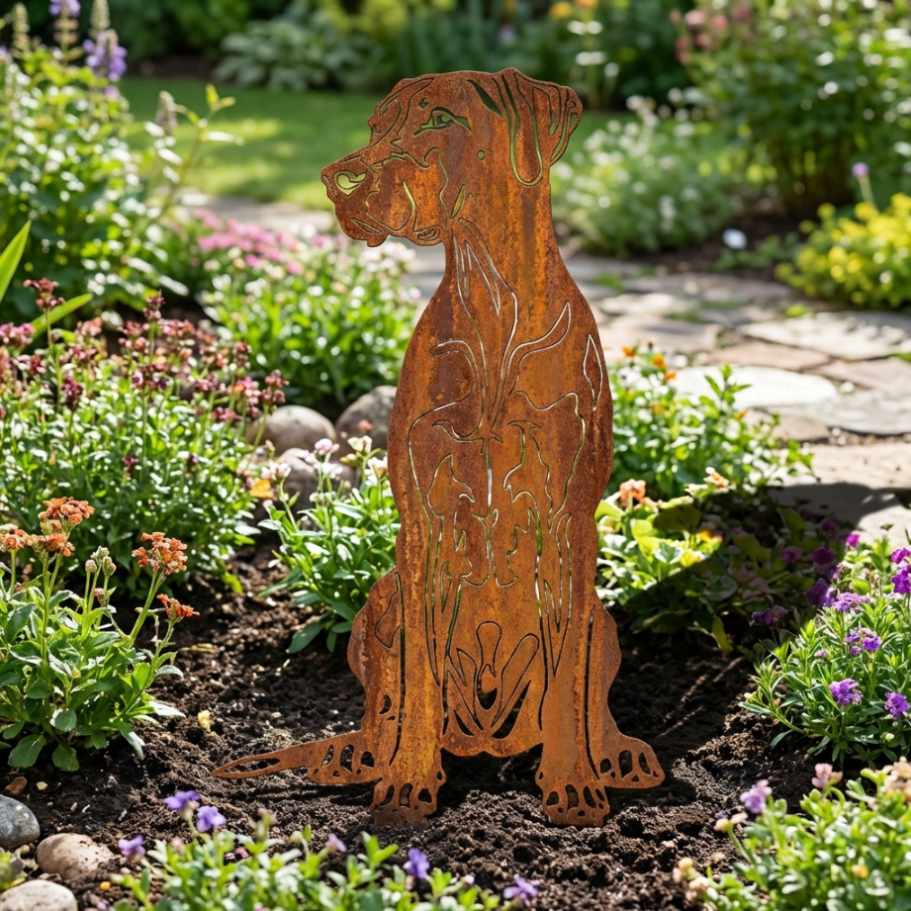 Edelrost Gartenstecker Deutsche Dogge – Hundesilhouette aus Metall, 29 cm
