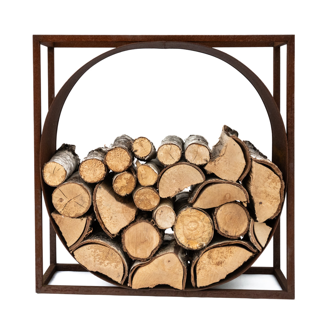 Kaminholzständer aus Metall – rechteckig mit Kreis – Holzregal aus Stahl 75x70 x35 cm