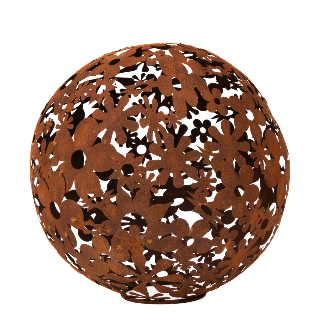 Gartenkugel "Blumen" – Rost-Deko aus Stahl mit Blumen-Ornament