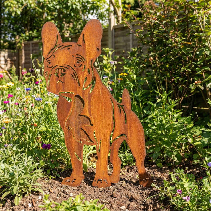 Edelrost Gartenstecker Boston Terrier – Hundesilhouette aus Metall, 38 cm