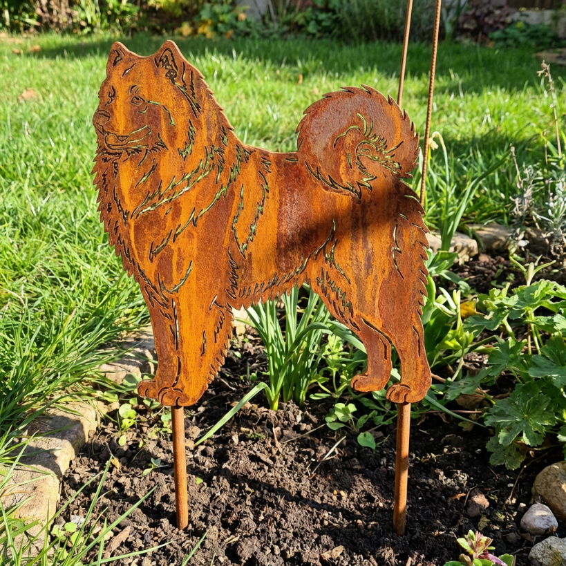 Edelrost Gartenstecker Samojede – Hundesilhouette aus Metall, 41 cm