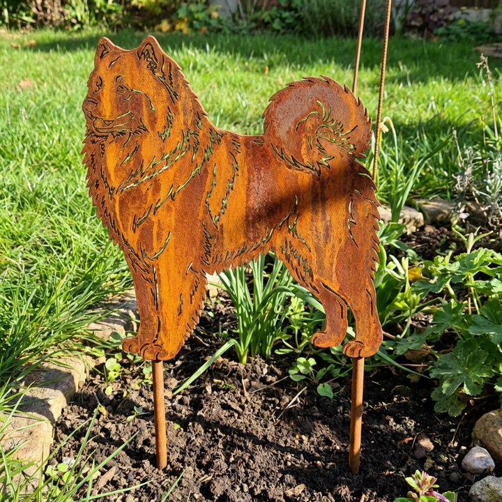 Edelrost Gartenstecker Samojede – Hundesilhouette aus Metall, 41 cm