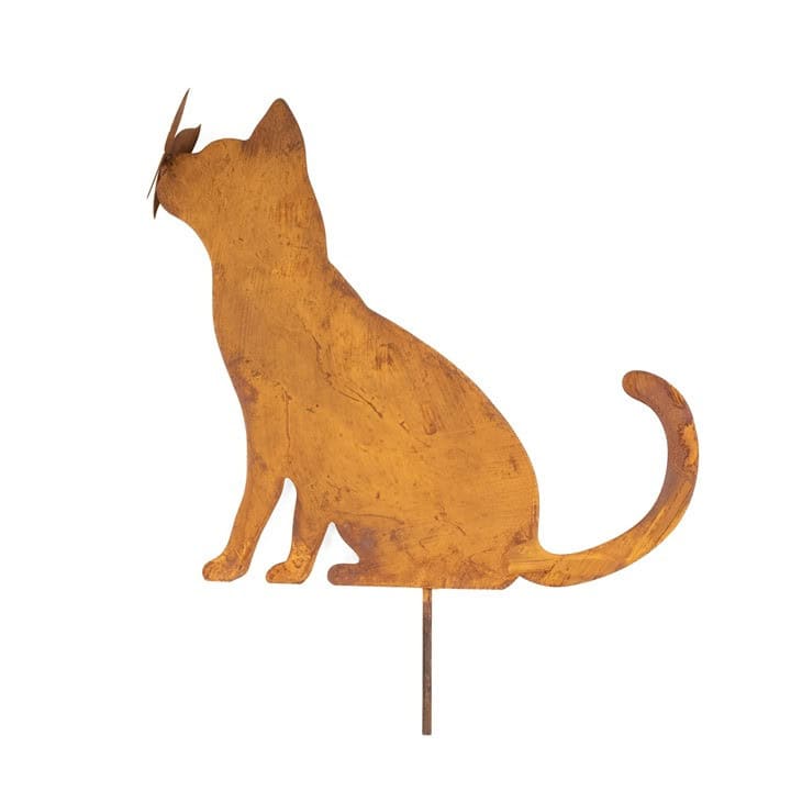 Gartenstecker Katze aus Metall – Gartenfigur in natürlicher Rostoptik