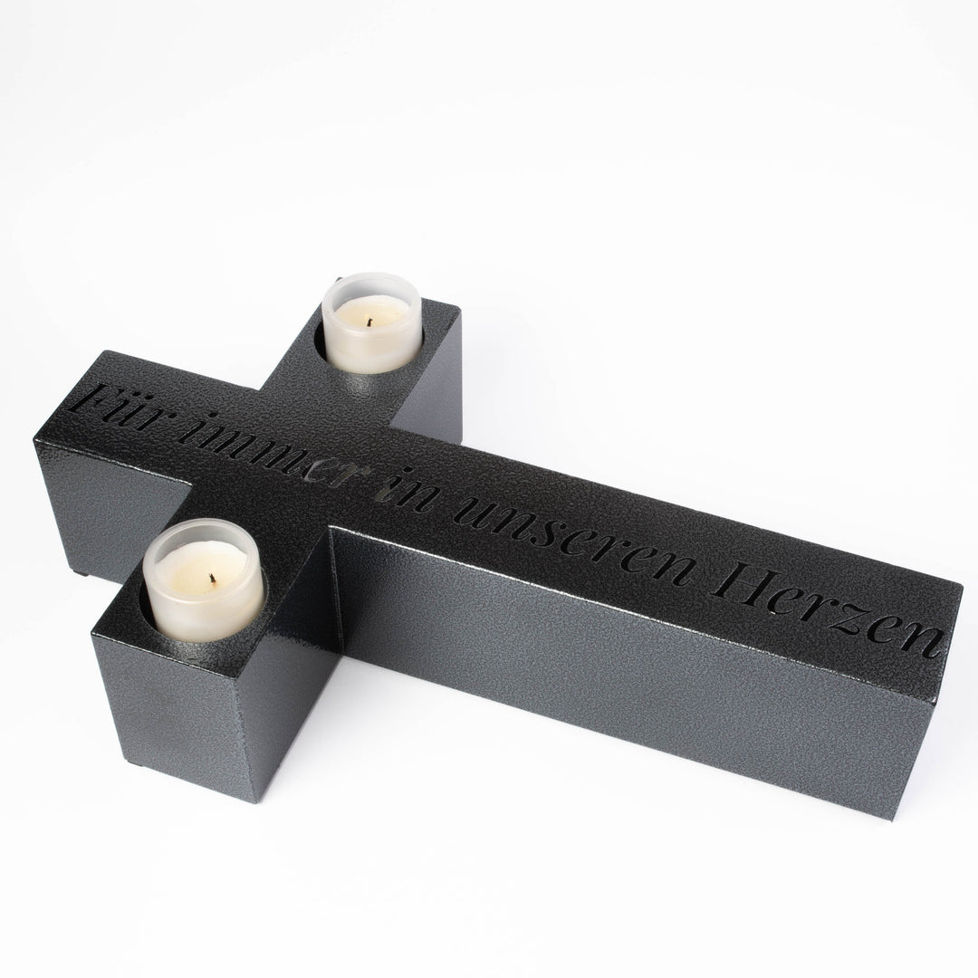 Große Grablicht Kreuz Grabschmuck 50 × 30 cm Marmor – Für immer in unseren Herzen