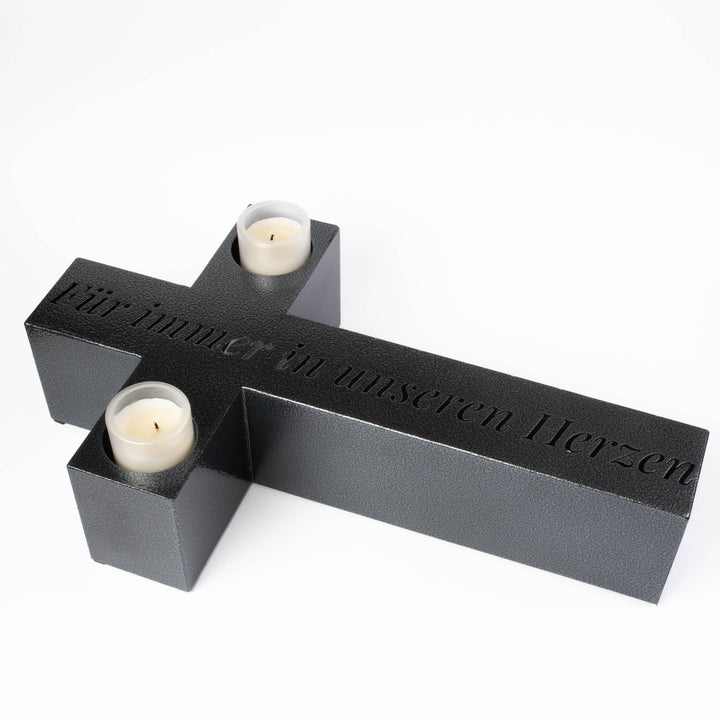 Große Grablicht Kreuz Grabschmuck 50 × 30 cm Marmor – Für immer in unseren Herzen