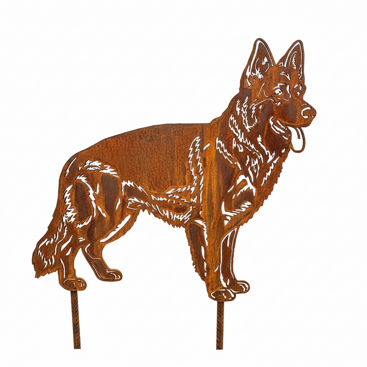 Edelrost Gartenstecker Altdeutscher Schäferhund – Hundesilhouette aus Metall, 48 cm