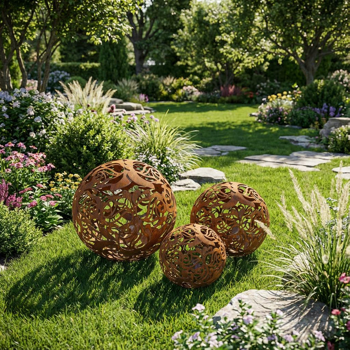 Gartenkugel "Rosenranke" – Rost-Deko aus Stahl mit Rosen-Ornament