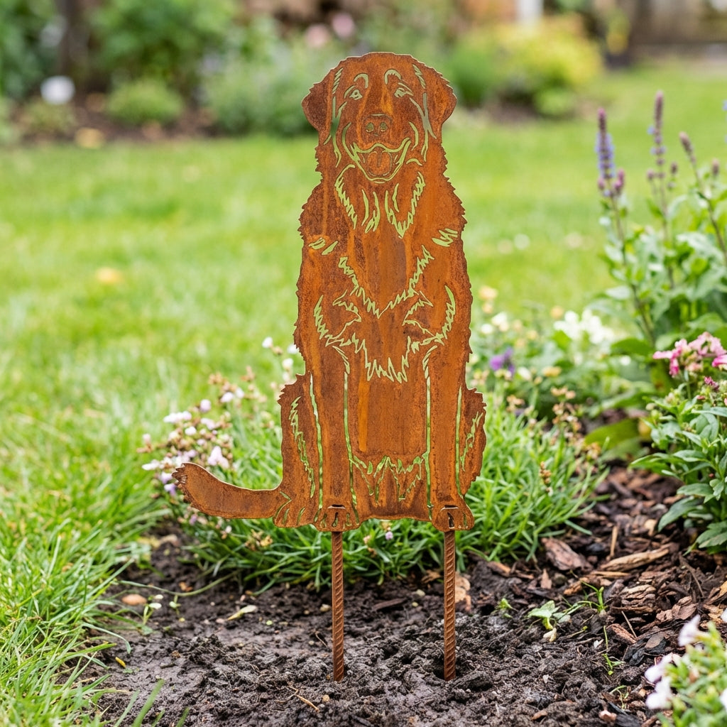 Edelrost Gartenstecker Leonberger – Hundesilhouette aus Metall, 30 cm
