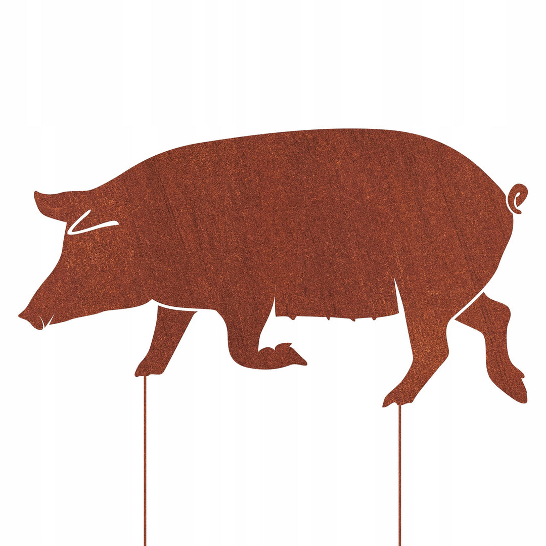 Edelrost Gartenfigur Schweinchen – Metallfigur auf Einschlagbeinen, 46 cm
