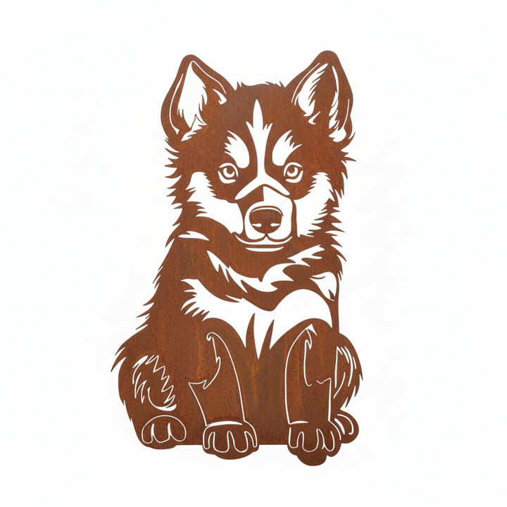 Edelrost Gartenstecker Husky Baby – Hundesilhouette aus Metall, 20 cm