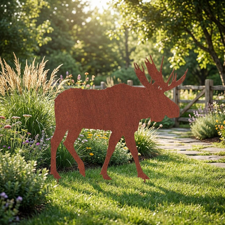 Gartenstecker Elch aus Metall – dekorative Gartenfigur in natürlicher Rostoptik