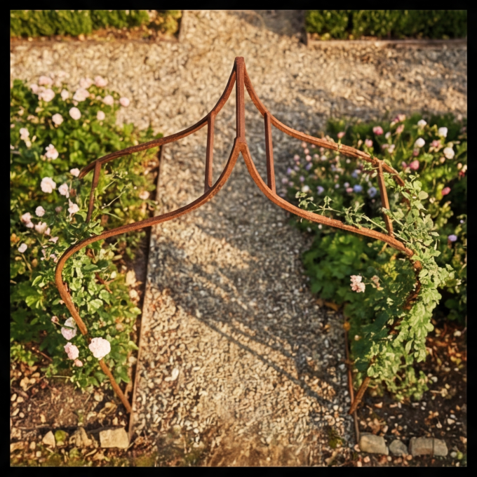 Eleganter Gartenbogen in natürlicher Rostoptik für strukturierte, blühende...