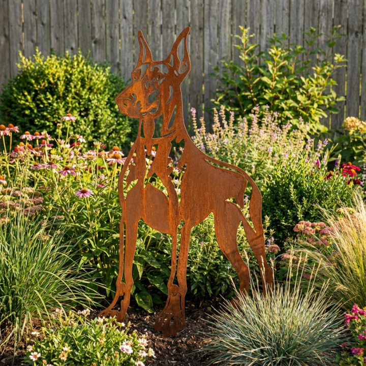 Edelrost Gartenstecker Doberman (Kupiert) – Hundesilhouette aus Metall, 20 cm