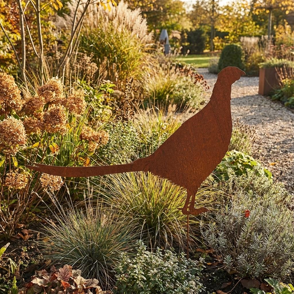 Gartenfigur Fasan aus Metall – dekorative Gartenfigur in natürlicher Rostoptik