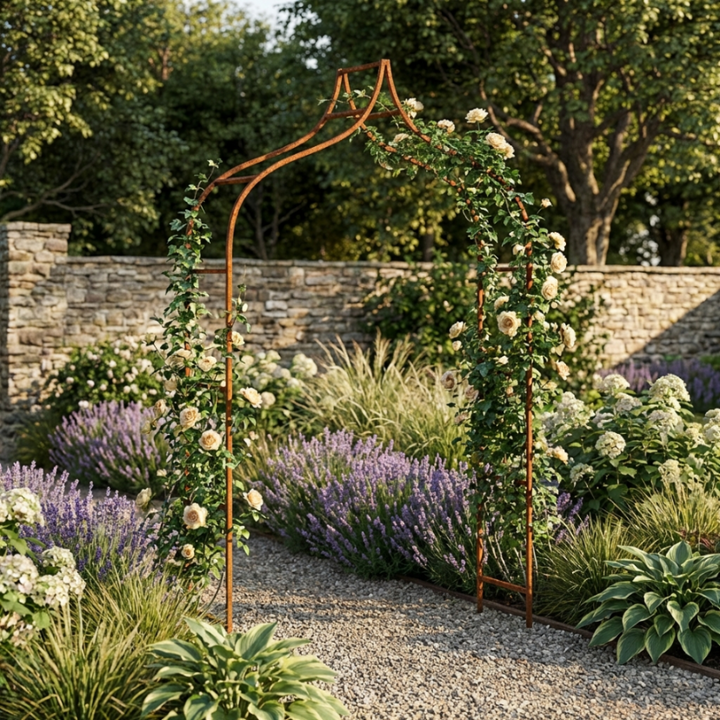 Eleganter Gartenbogen in natürlicher Rostoptik für strukturierte, blühende...