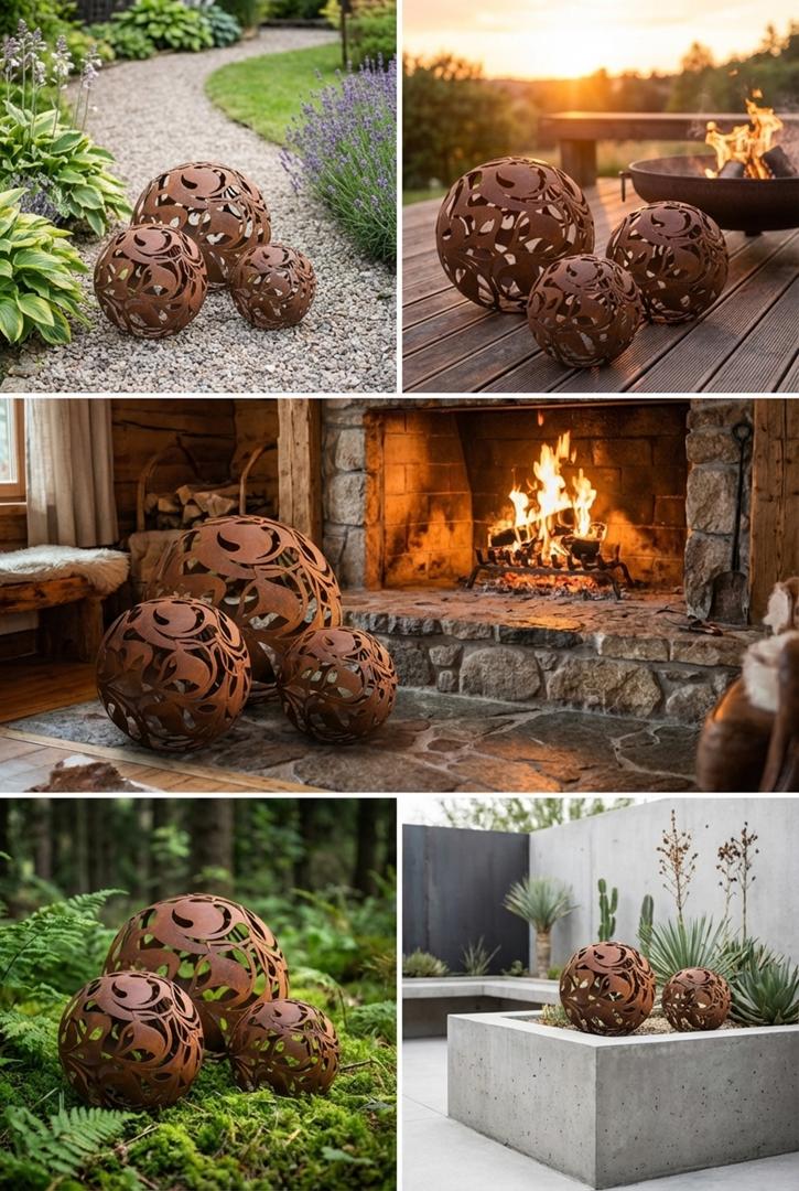 Gartenkugel "Florales Ornament" – Rost-Deko aus Stahl mit Blattmuster