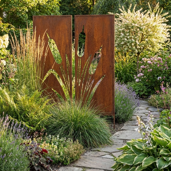 2er-Set Sichtschutz Gartenpaneel Metall – Motiv Schilfgras, 160 × 50 cm