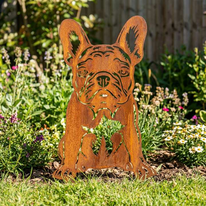 Edelrost Gartenstecker Französische Bulldogge – Hundesilhouette aus Metall, 28 cm