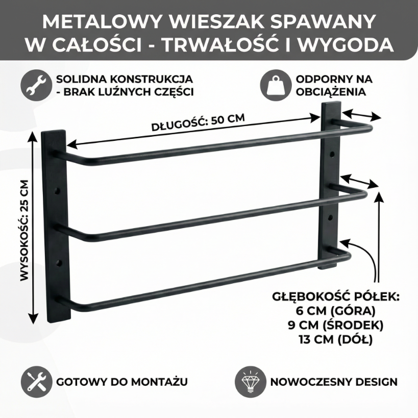 Wandhandtuchhalter LOFT 3-stufig – Schwarz Metall für Bad & Küche