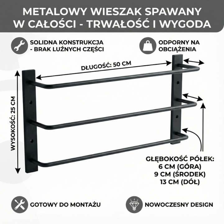 Wandhandtuchhalter LOFT 3-stufig – Schwarz Metall für Bad & Küche