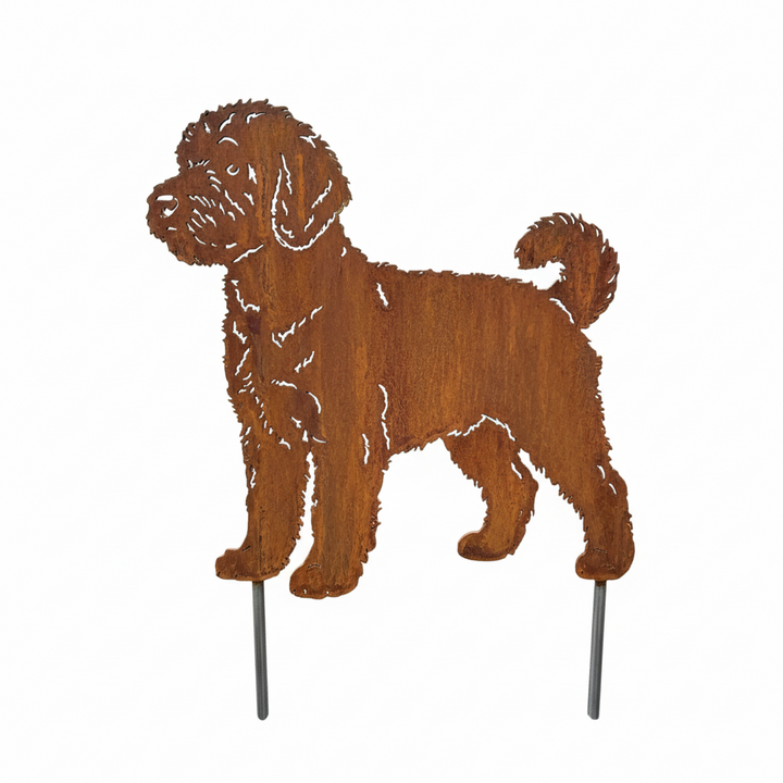 Edelrost Gartenstecker Labradoodle – Hundesilhouette aus Metall, 36 cm
