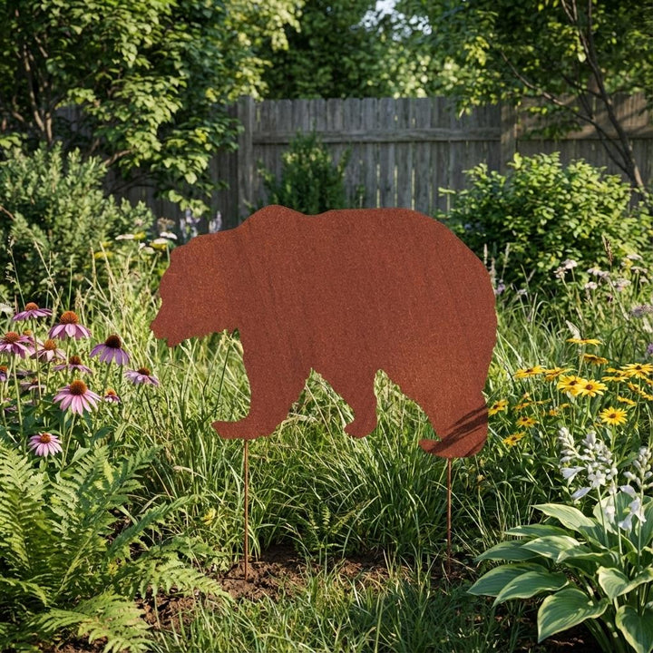 Gartenstecker Bär aus Metall – dekorative Gartenfigur in natürlicher Rostoptik