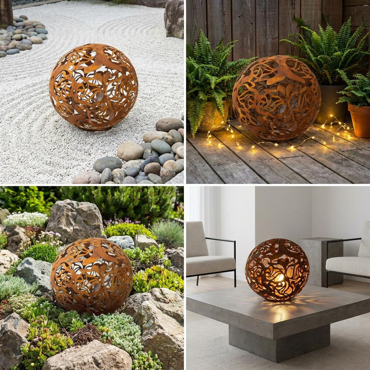 Gartenkugel "Rosenranke" – Rost-Deko aus Stahl mit Rosen-Ornament