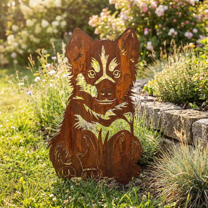 Edelrost Gartenstecker Husky Baby – Hundesilhouette aus Metall, 20 cm