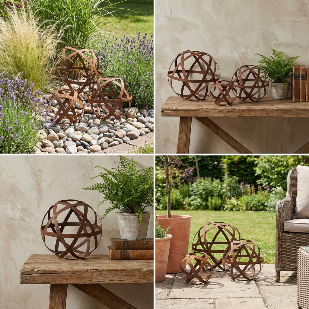 Gartenkugel "Bänder" – Rustikale Rost-Deko aus geflochtenen Metallbändern