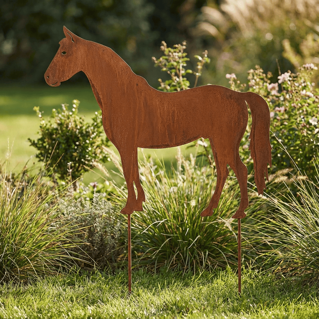 Großer Pferd Gartenstecker – Metallfigur in Rostoptik