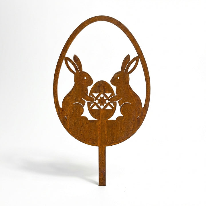 Osterhase mit Ei aus Metall – Edelrost Osterdeko, 20 × 6 cm