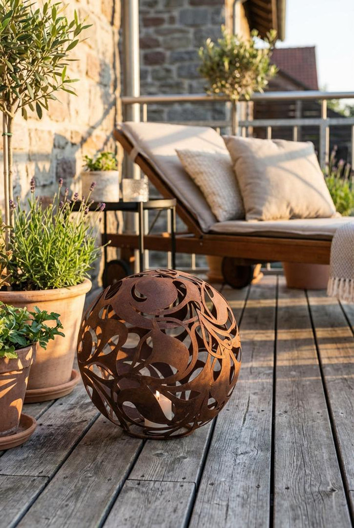 Gartenkugel "Florales Ornament" – Rost-Deko aus Stahl mit Blattmuster
