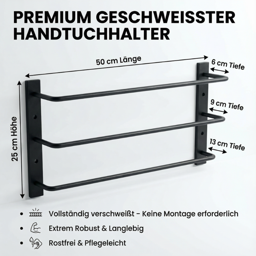 Wandhandtuchhalter LOFT 3-stufig – Schwarz Metall für Bad & Küche