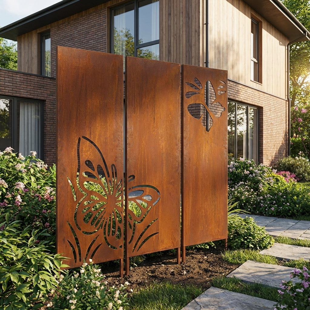 3er-Set Sichtschutz Gartenpaneel Metall – Motiv Schmetterlinge, 160 × 50 cm