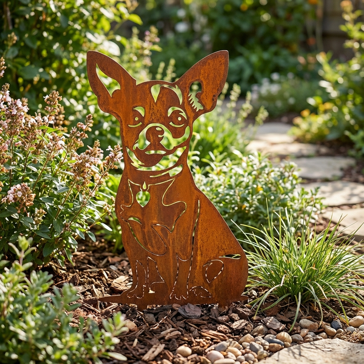 Edelrost Gartenstecker Chihuahua (Kurzhaar) – Hundesilhouette aus Metall, 43 cm