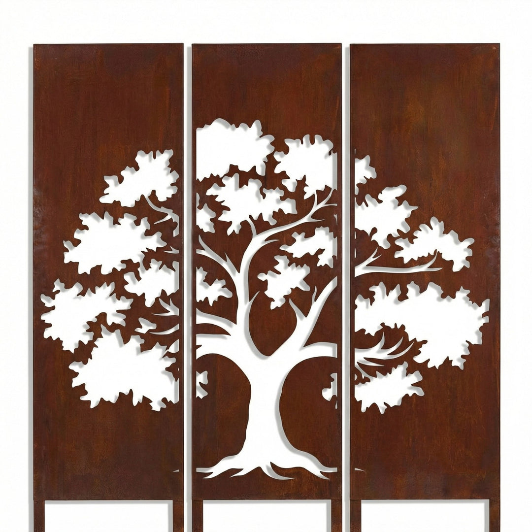 3er-Set Sichtschutz Gartenpaneel Metall – Motiv Baum, 160 × 50 cm