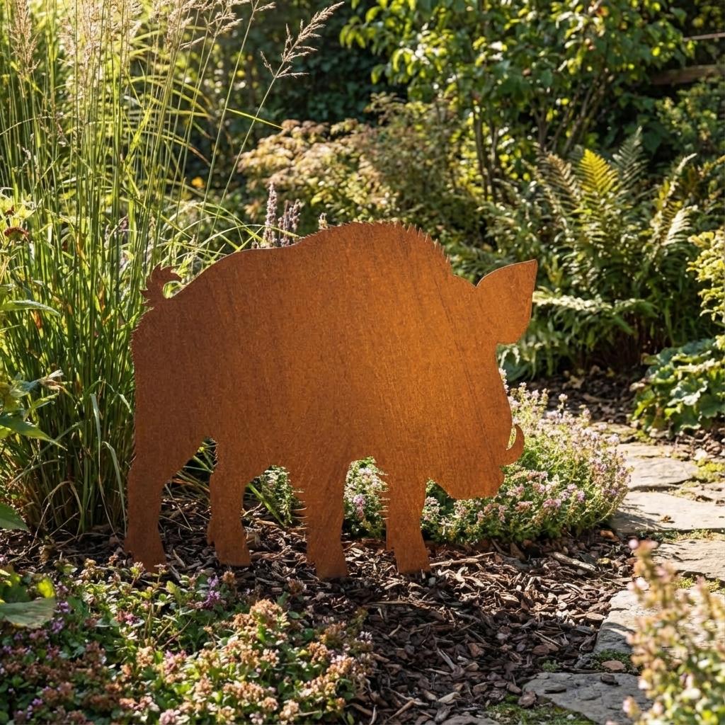 Gartenfigur Wildschwein aus Metall – dekorative Gartenfigur in natürlicher Rostoptik