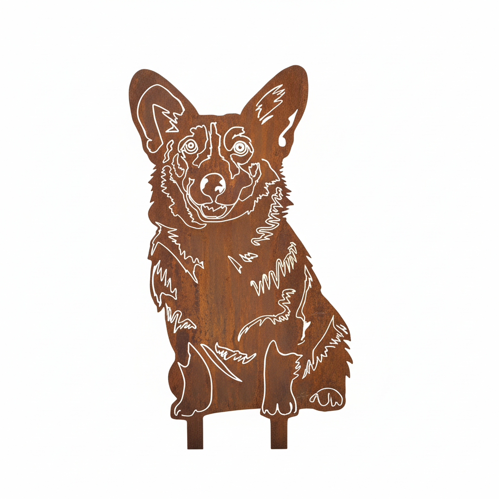 Edelrost Gartenstecker Welsh Corgi – Hundesilhouette aus Metall, 24 cm