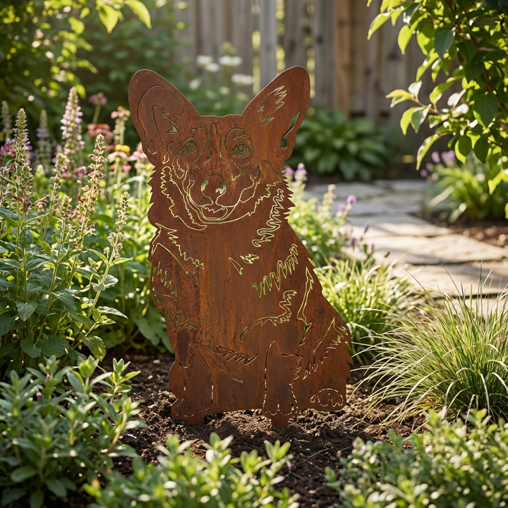 Edelrost Gartenstecker Welsh Corgi – Hundesilhouette aus Metall, 24 cm